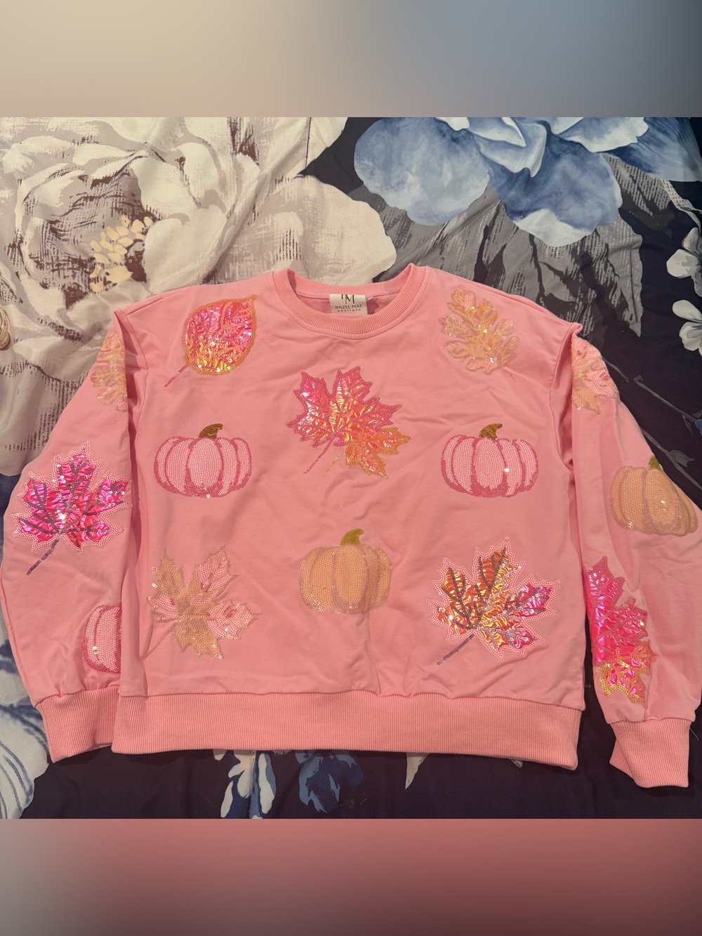 Pink Sweatshirt with Sequined Pumpkins & Leaves